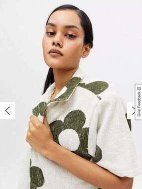 OAS Cuba Meadow Olive Floral Terry Short-Sleeve Button-Up Like New